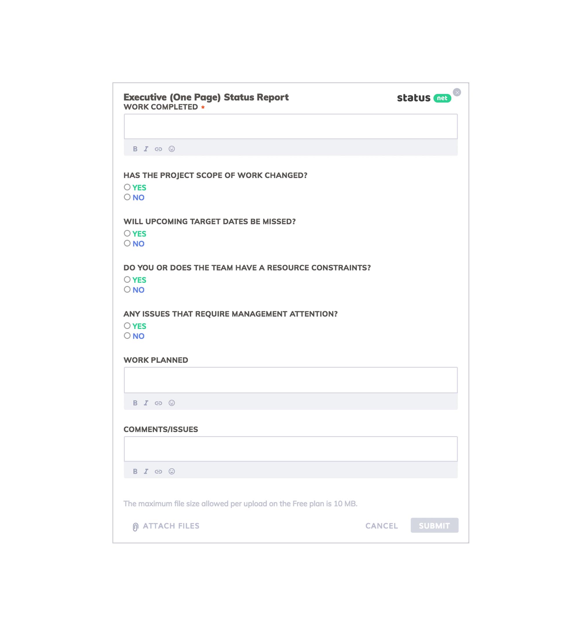 executive one page status report form template